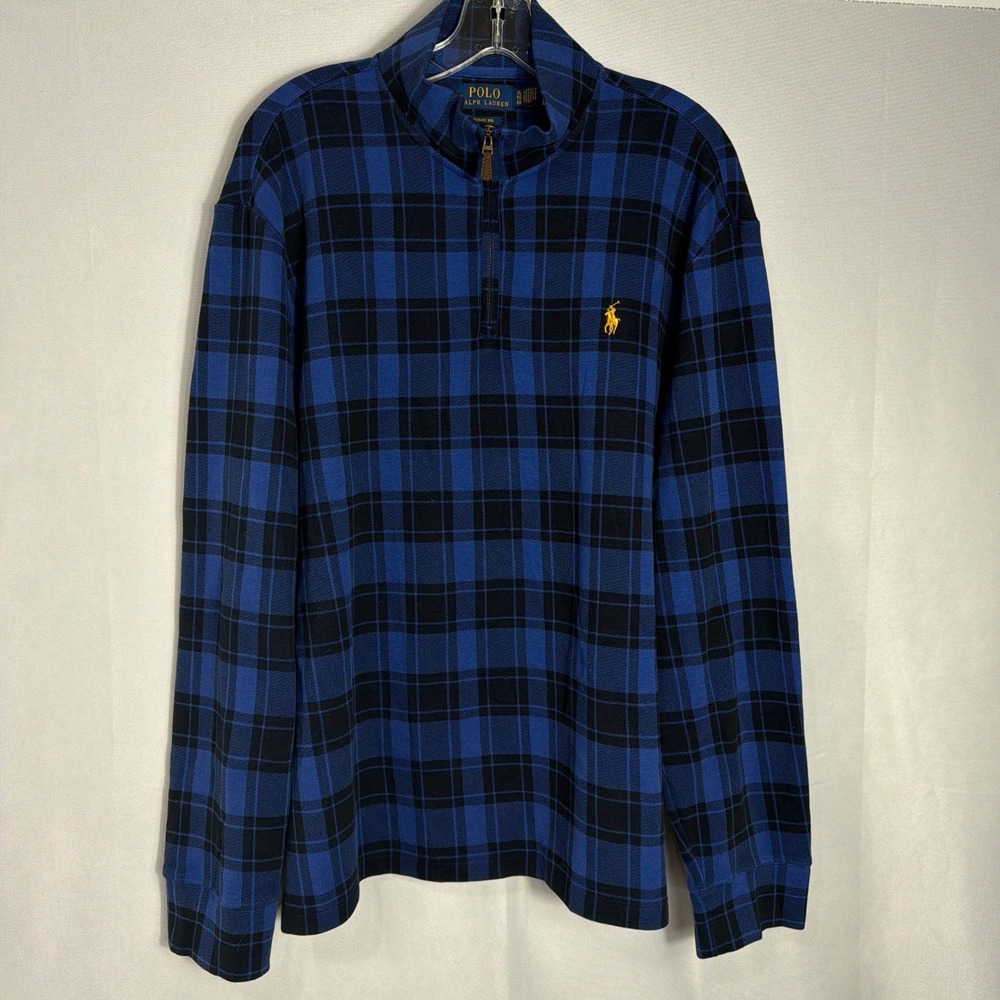 Polo Ralph Lauren Pullover Estate Rib XL Plaid Quarter Zip Blue Black Tartan